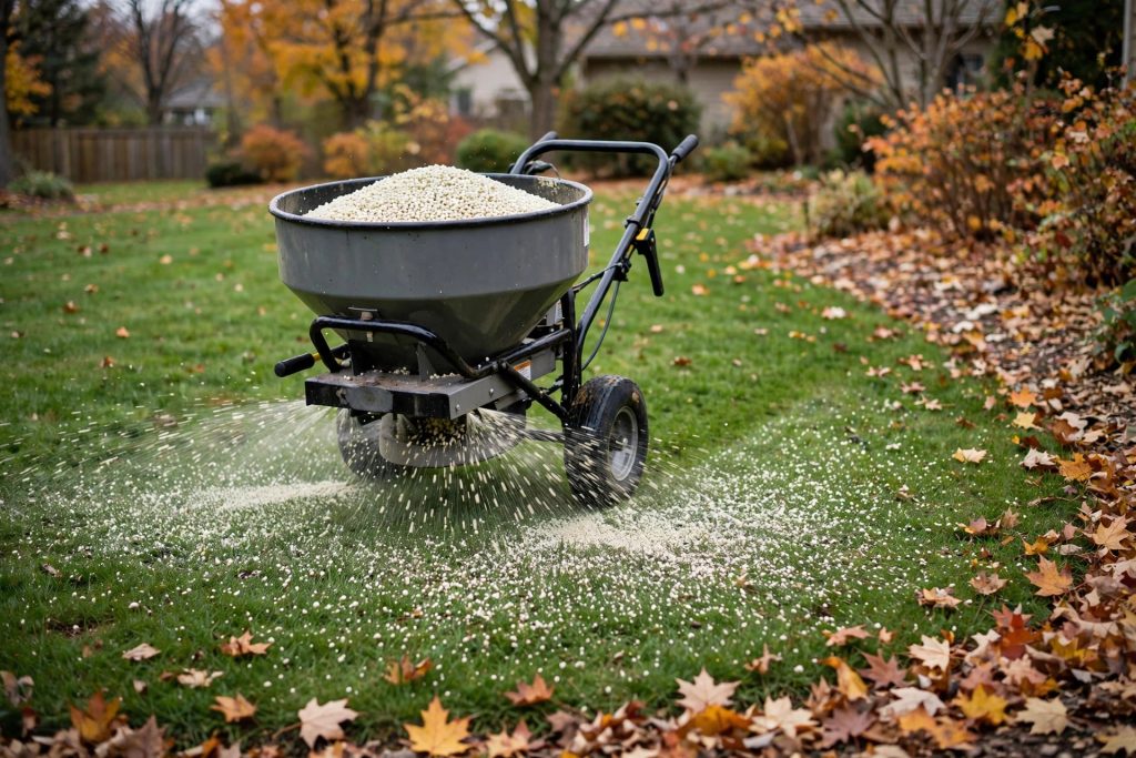 spreading pelletized lime with a broadcast spreader to raise lawn soil pH