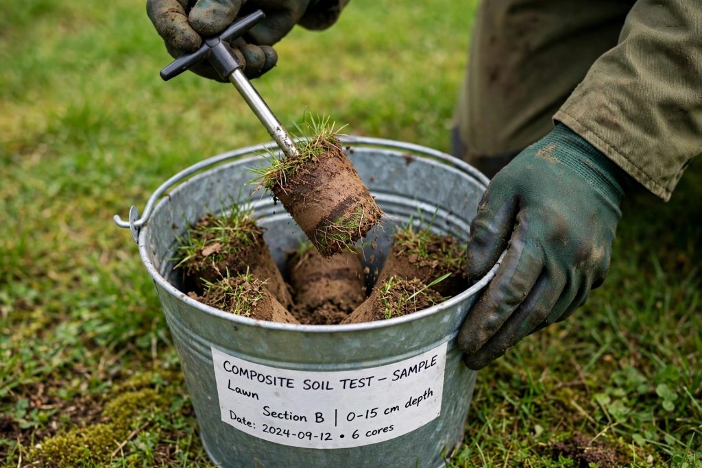 taking a composite lawn soil sample with a soil probe for a lawn soil pH test