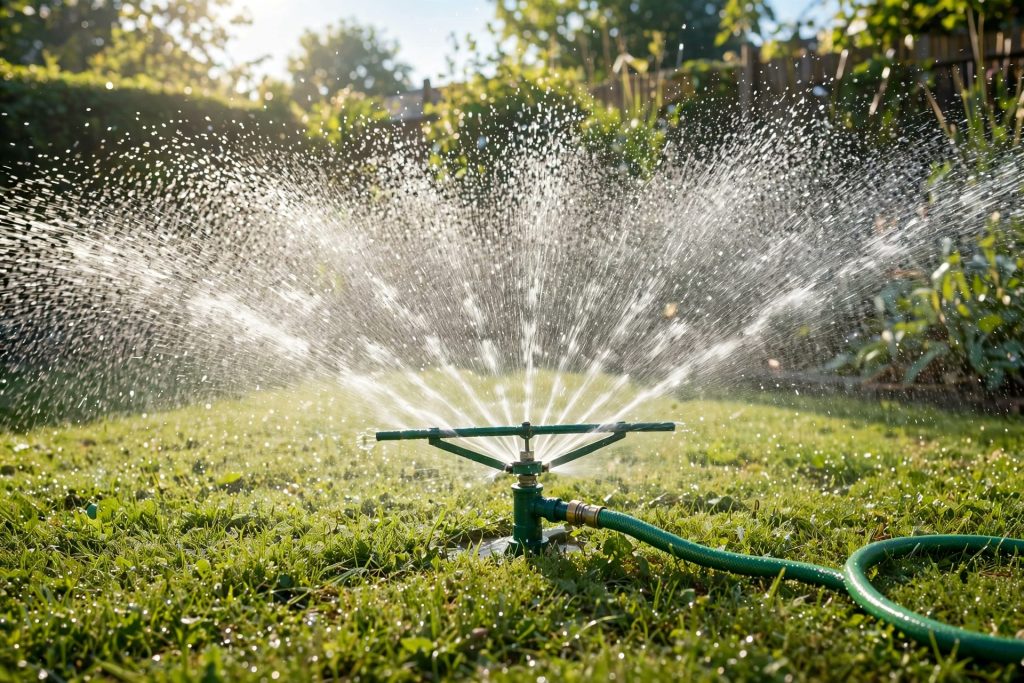 Lawn sprinkler on a garden hose spraying water over green grass