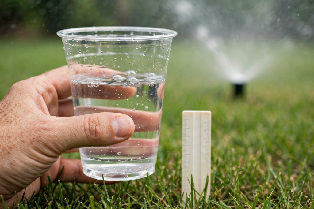 Hand holding a catch cup of collected sprinkler water beside a ruler in the grass