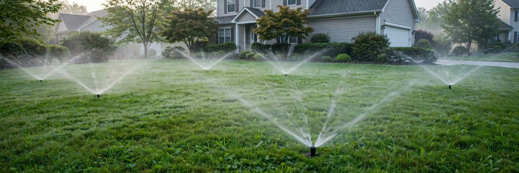 Pop-up sprinklers giving even water coverage across a front lawn