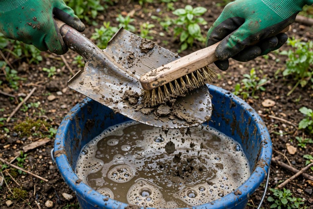 how to clean garden tools washing muddy shovel