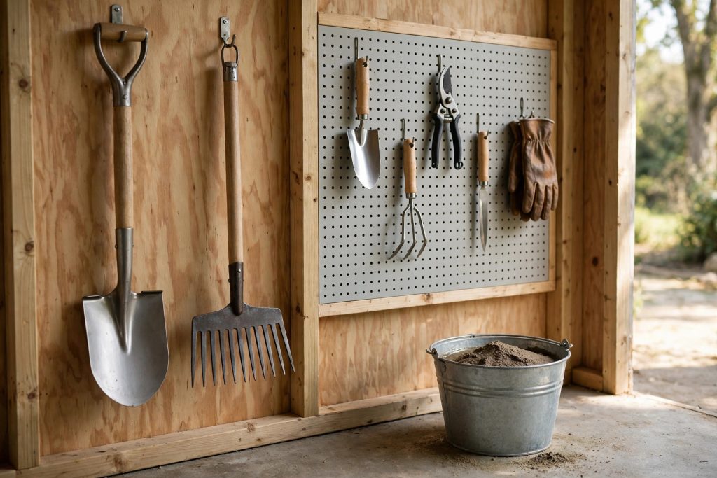 how to clean garden tools stored hanging in shed