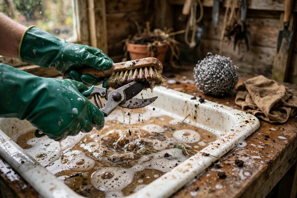 cleaning pruning shear blades with soapy water before sharpening