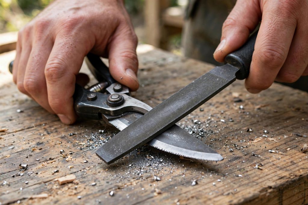 filing a pruning shear blade base to tip in one direction