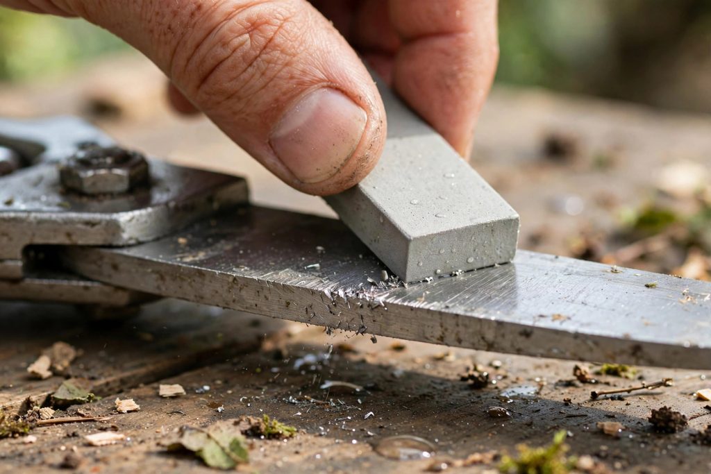 removing the burr from a pruning shear blade with a fine stone