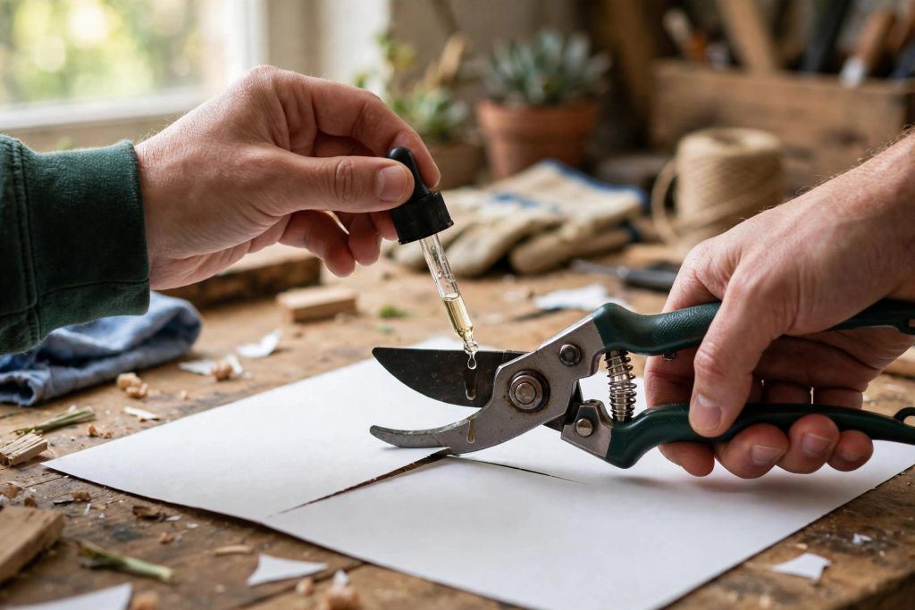oiling pruning shears pivot and testing the edge on paper