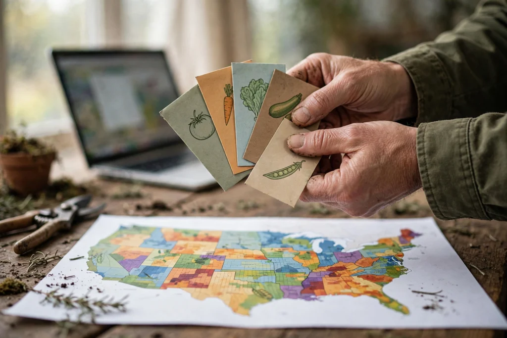 gardener checking USDA hardiness zone map with seed packets before starting seeds indoors by zone