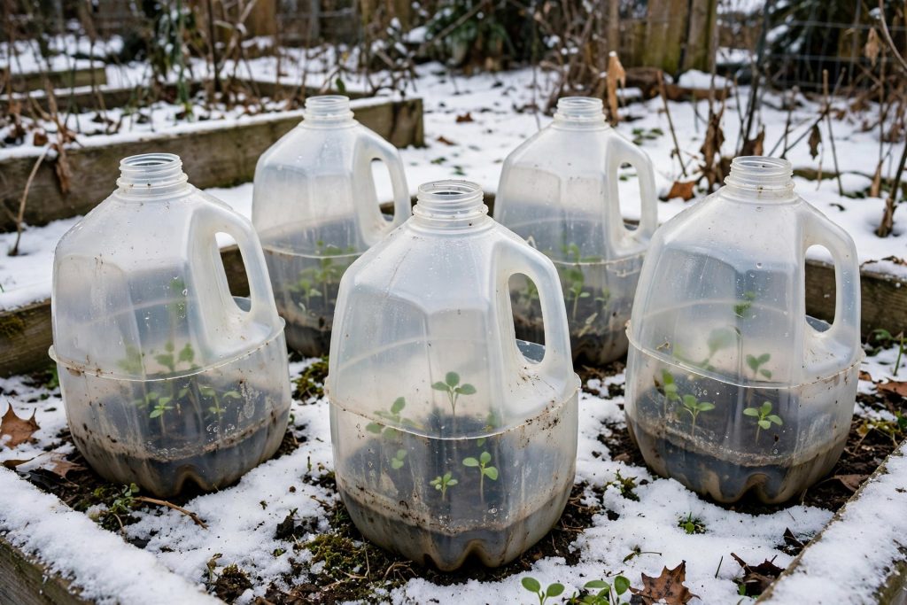 winter sowing milk jugs with seedlings in snow