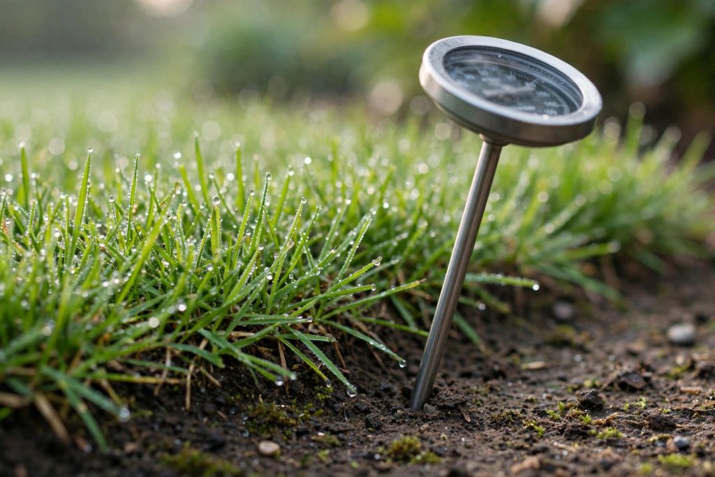 checking soil temperature to decide when to apply pre emergent with a probe thermometer in lawn soil