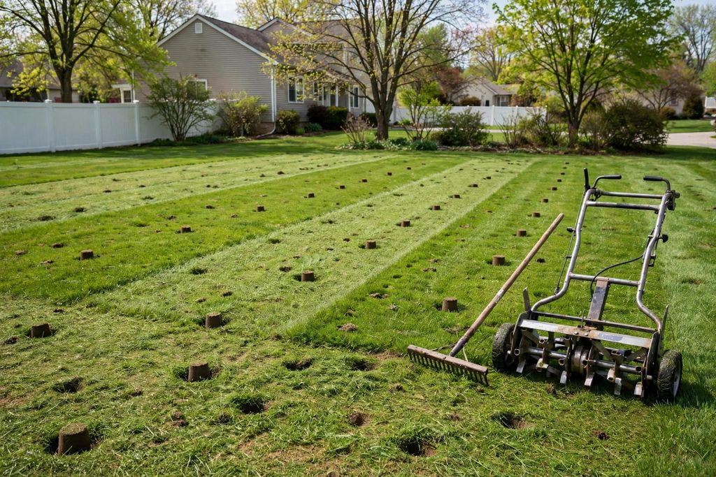 aerated lawn with soil plugs prepared before applying pre emergent herbicide