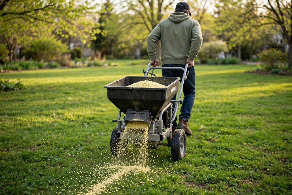 applying pre emergent granules evenly with a broadcast spreader in two passes