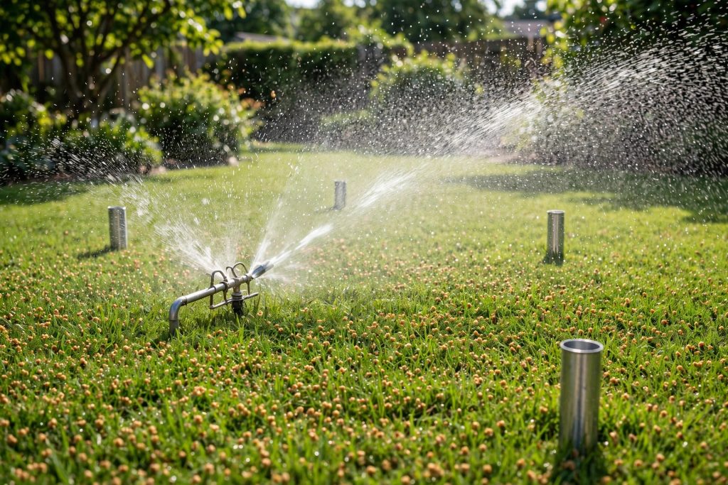 watering in pre emergent herbicide with a sprinkler and catch cans to measure half an inch