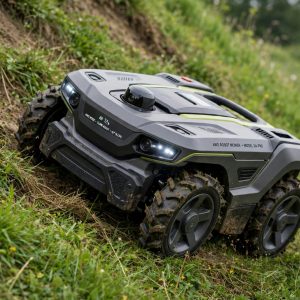 Mammotion LUBA mini AWD robot mower climbing a steep small lawn