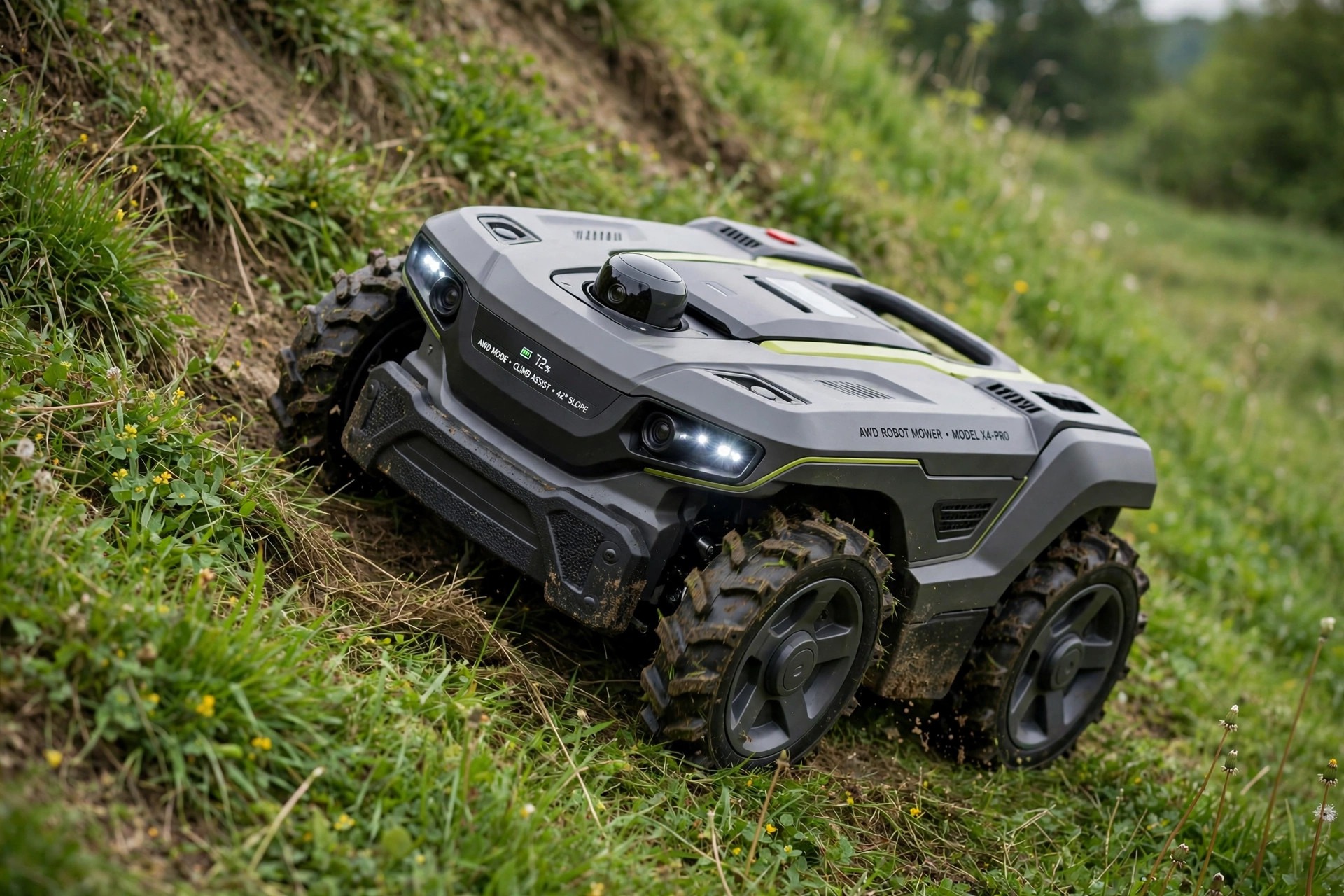 Mammotion LUBA mini AWD robot mower climbing a steep small lawn