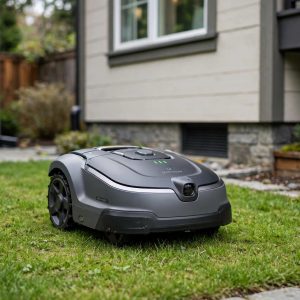 Gardena SILENO life quiet robot mower on a small lawn near a house