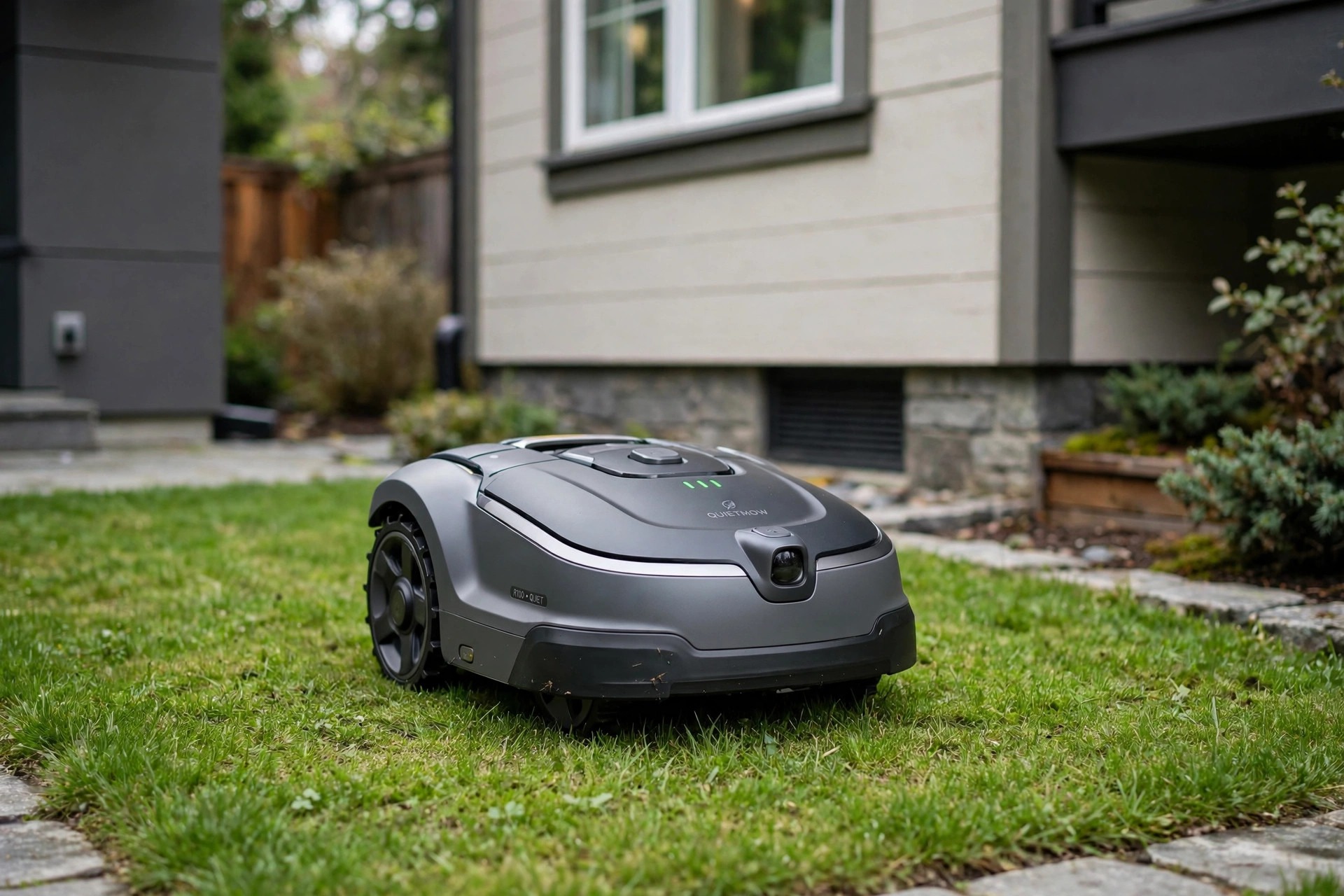 Gardena SILENO life quiet robot mower on a small lawn near a house