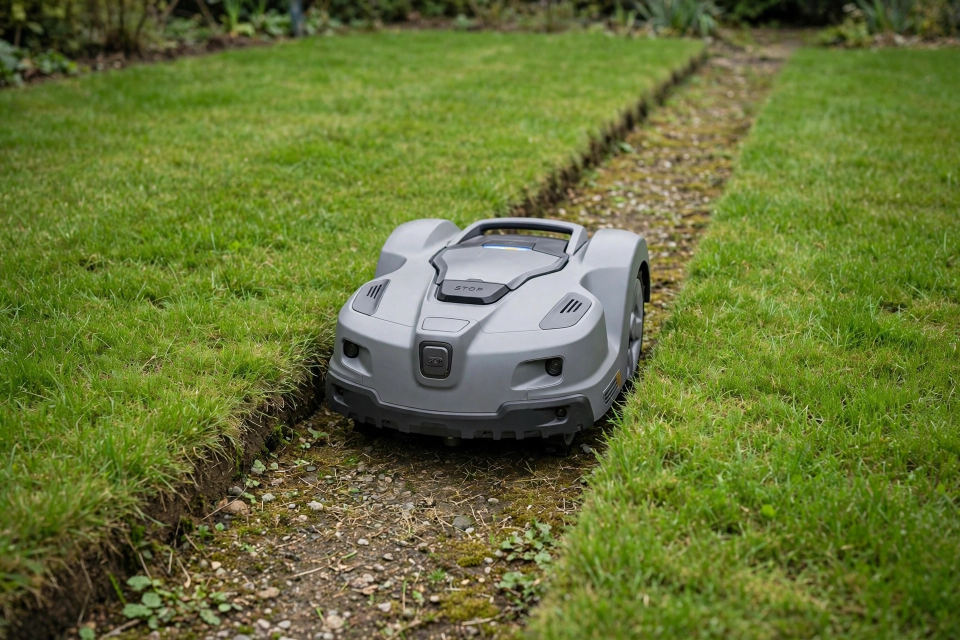 Husqvarna Automower 415X robot mower on a mid sized lawn with narrow passages