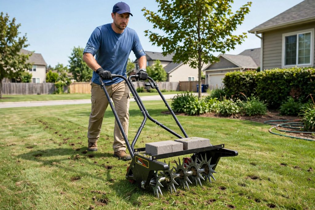 Rolling lawn aerator with star spike wheels: manual lawn aerator tool for larger lawns