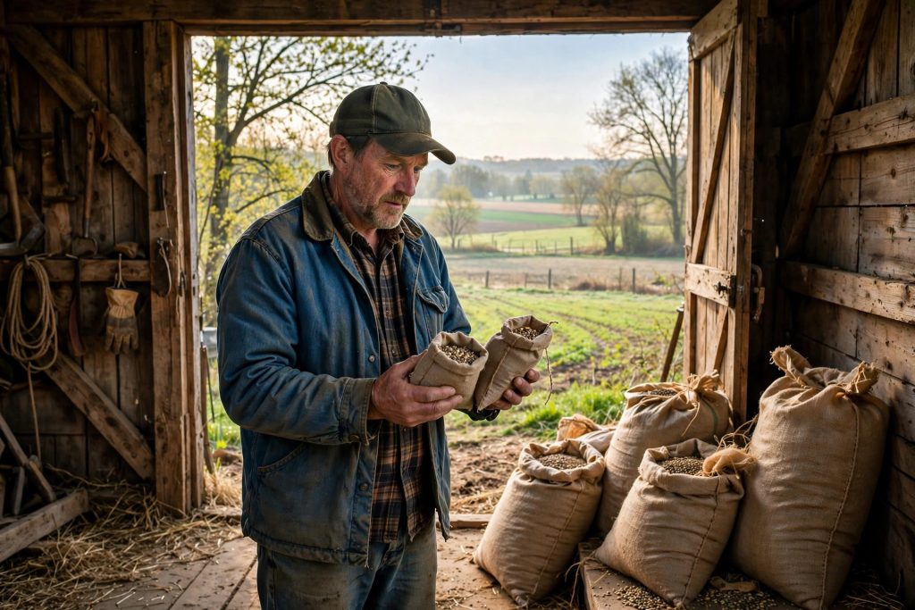 Farmer comparing seed bags and choosing the right variety before planting