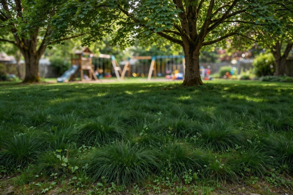 tall fescue shade lawn with play area under maple trees