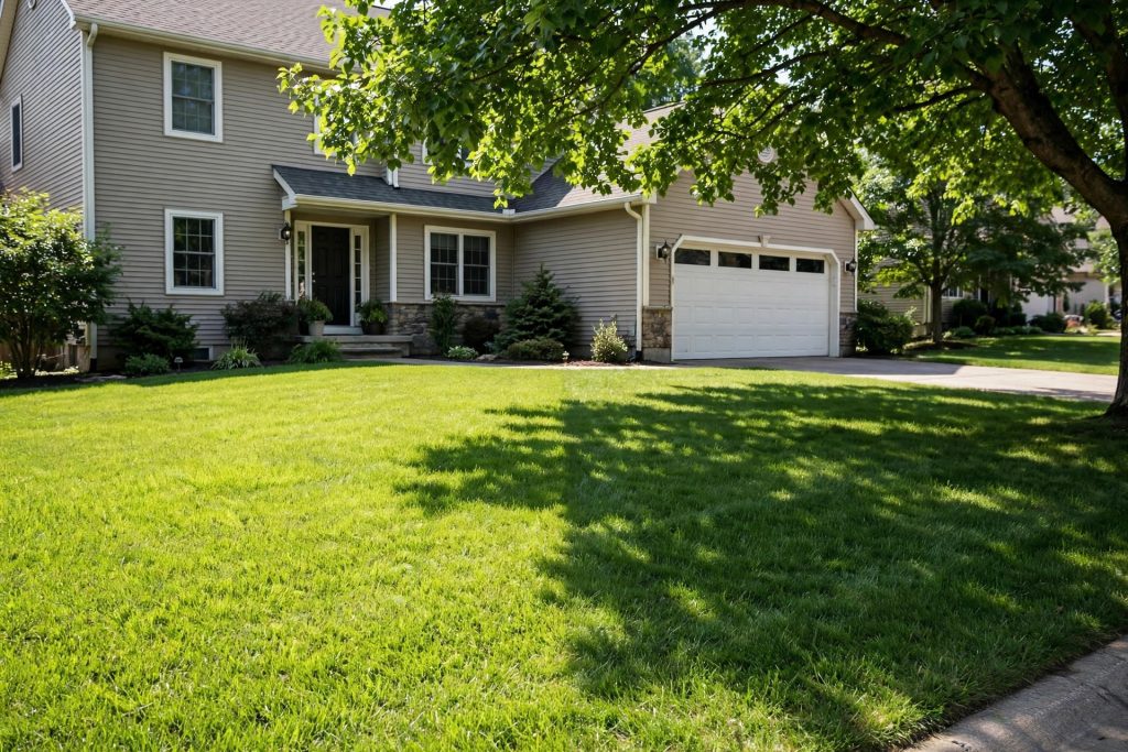 sun and shade grass seed lawn with tree shadow across a front yard