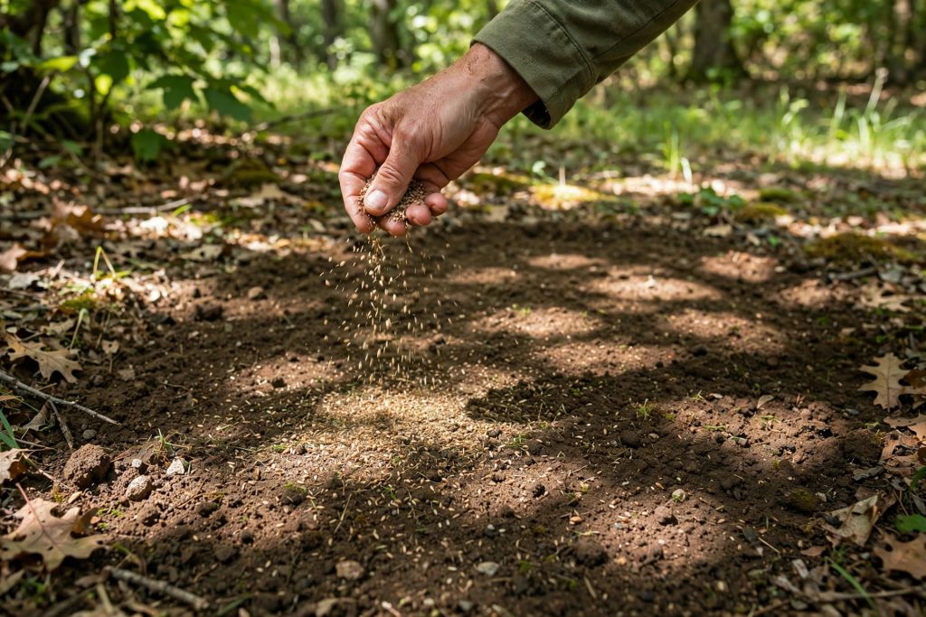 hand spreading uncoated grass seed on prepared shade soil