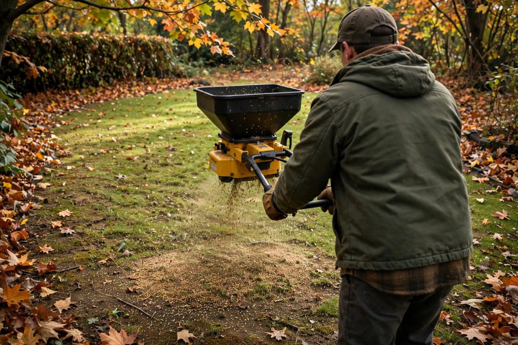 broadcast spreader applying grass seed for shade in fall