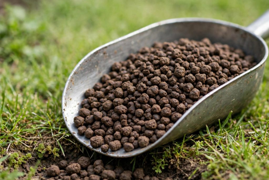 Dark organic fertilizer pellets in a metal scoop on grass