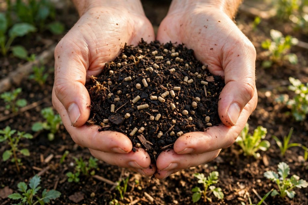 Hands holding dark soil mixed with organic fertilizer pellets