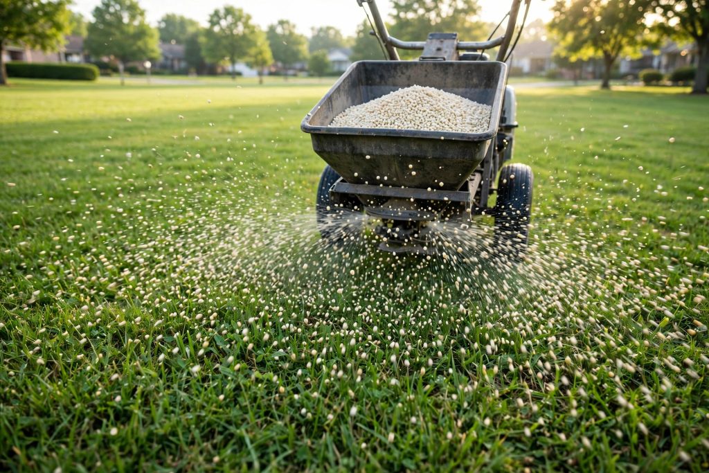 Broadcast spreader applying granular fertilizer to a lawn