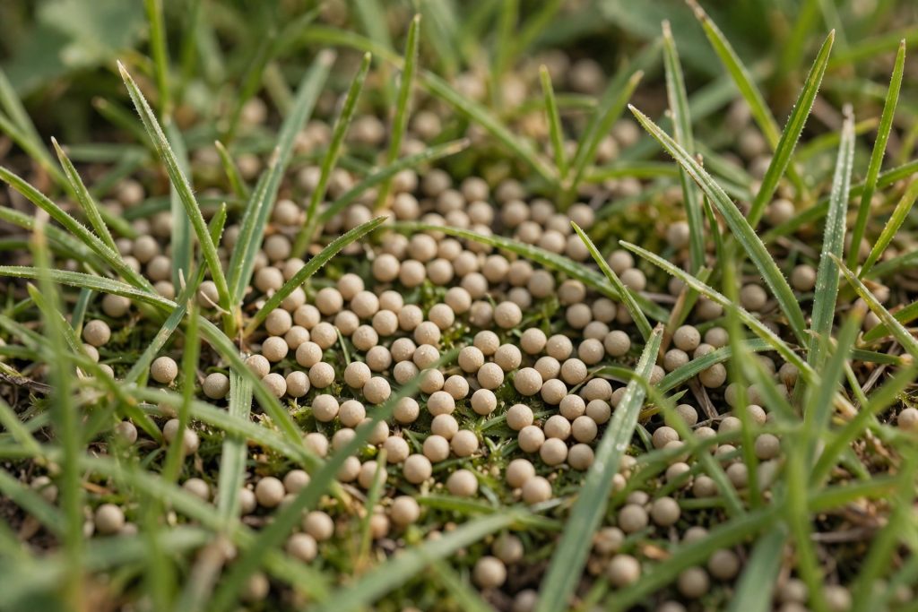 Fine round fertilizer prills scattered among grass blades