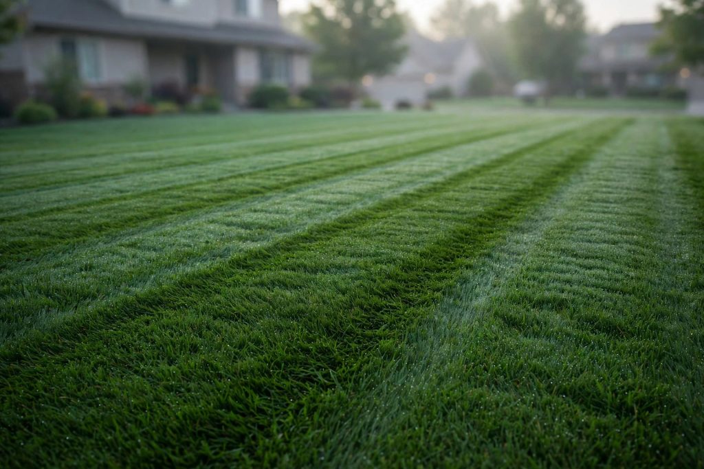 Deep green lawn with mowing stripes in morning light