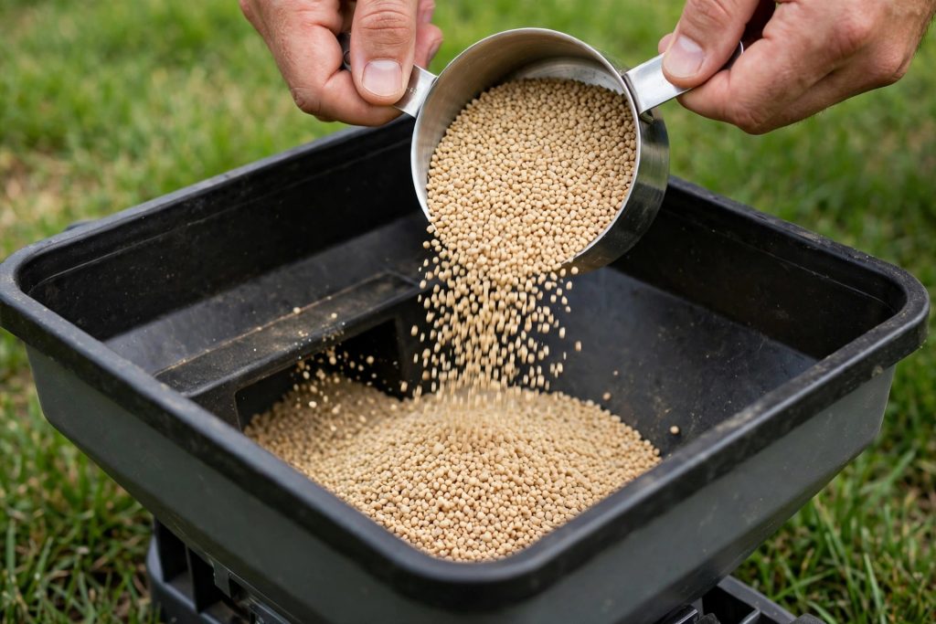Pouring measured fertilizer granules into a spreader hopper