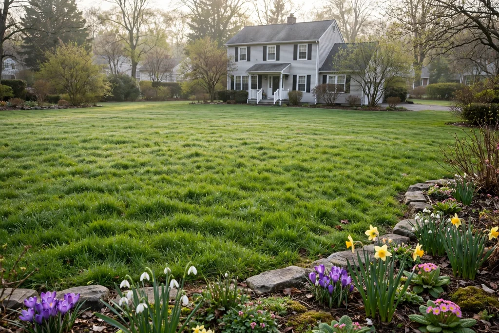 Spring lawn care: suburban lawn greening up in early spring.