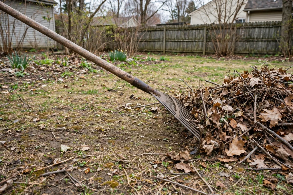 Raking winter debris during spring lawn care cleanup