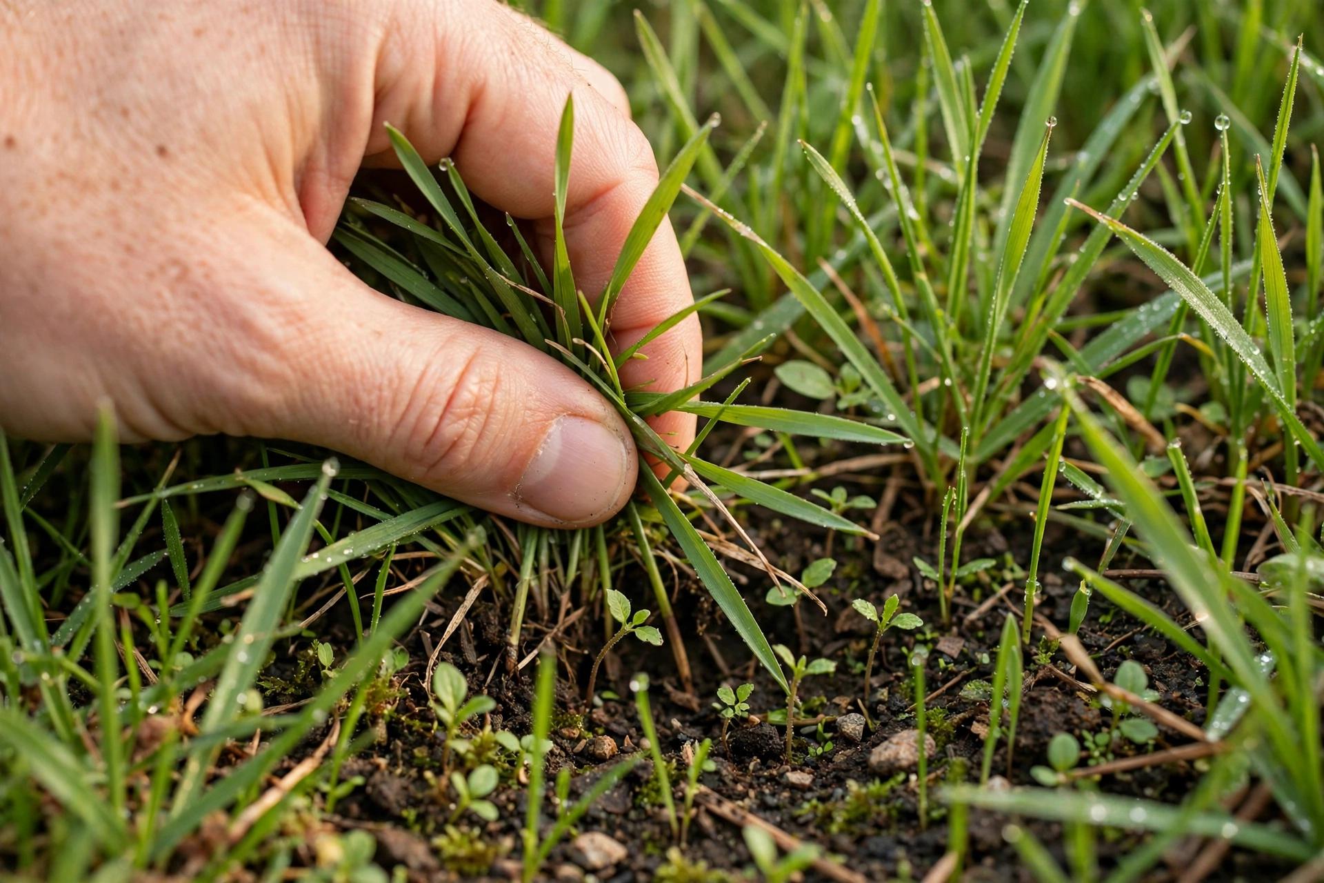 Hand parting grass to inspect for weeds during spring lawn scouting