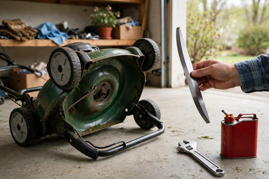 Servicing a lawn mower as part of spring lawn care