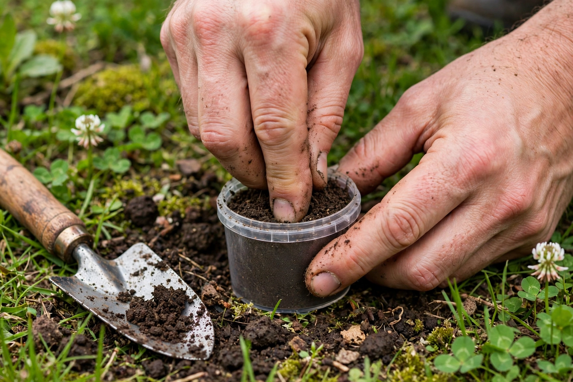 Collecting a soil sample for spring lawn care soil testing