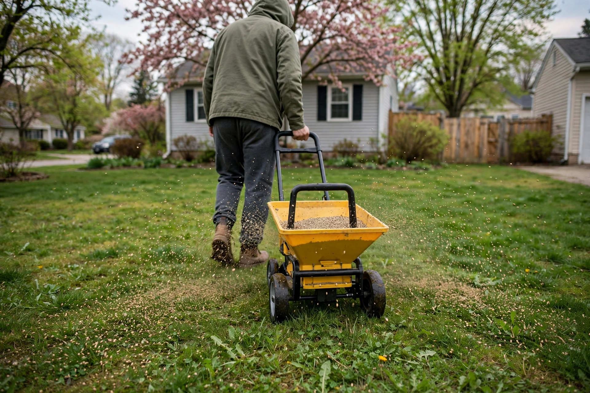 Applying pre-emergent herbicide with a spreader in spring