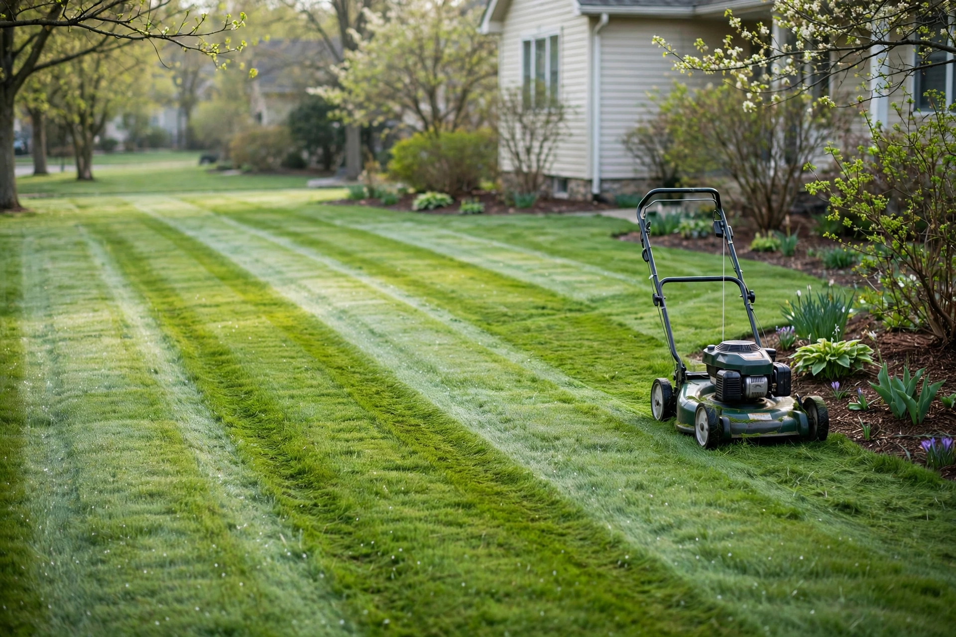 Freshly mowed lawn with stripes after the first spring mow