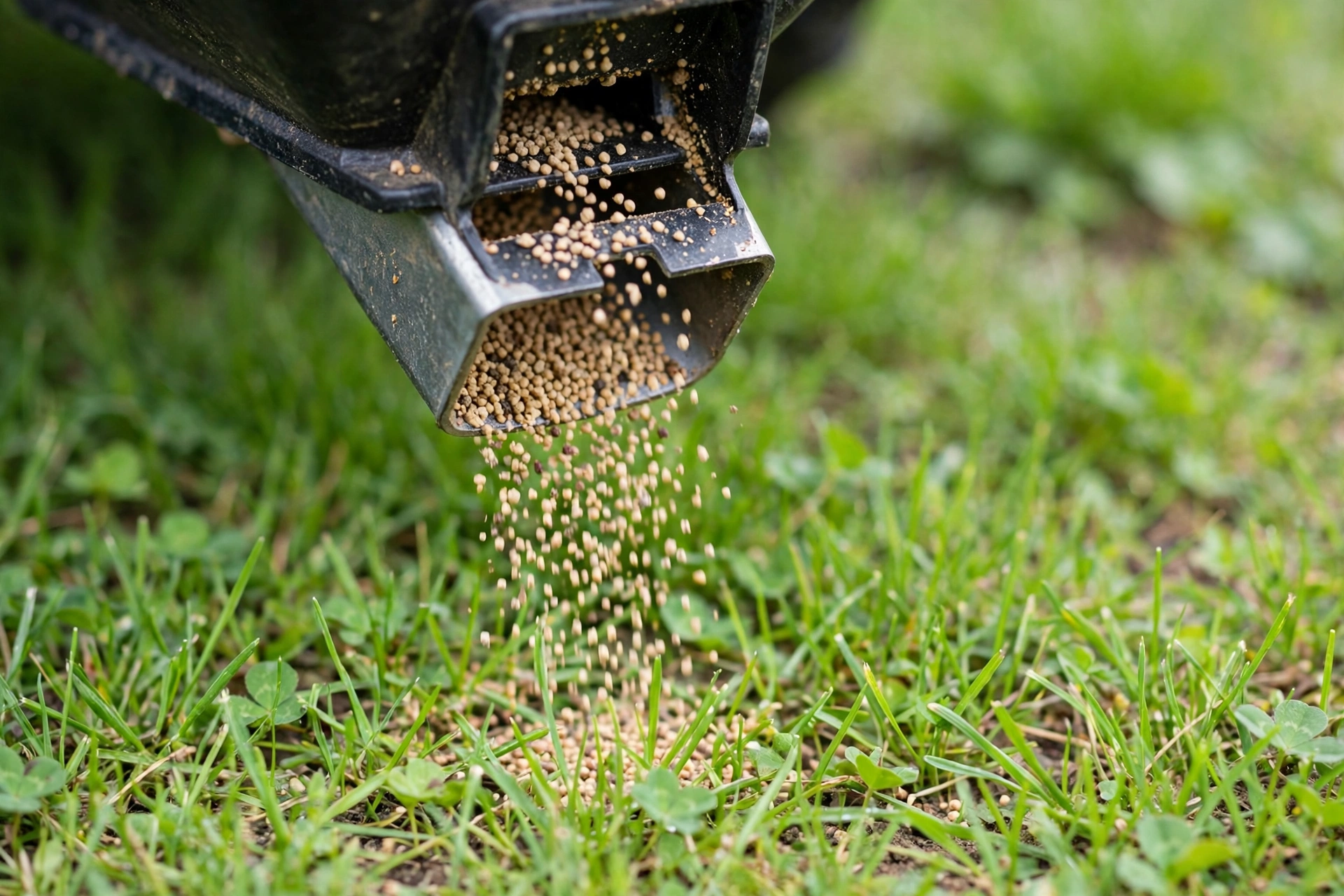 Fertilizer granules falling from a spreader during spring lawn feeding