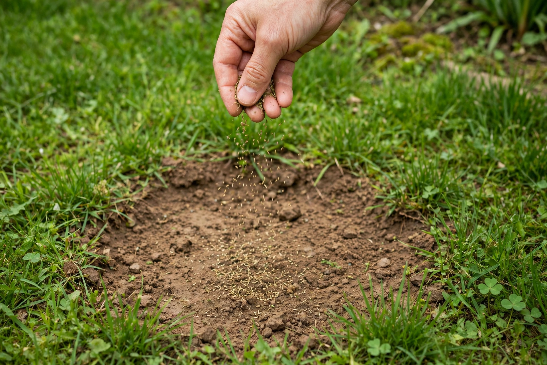 Sowing grass seed on a bare patch in spring