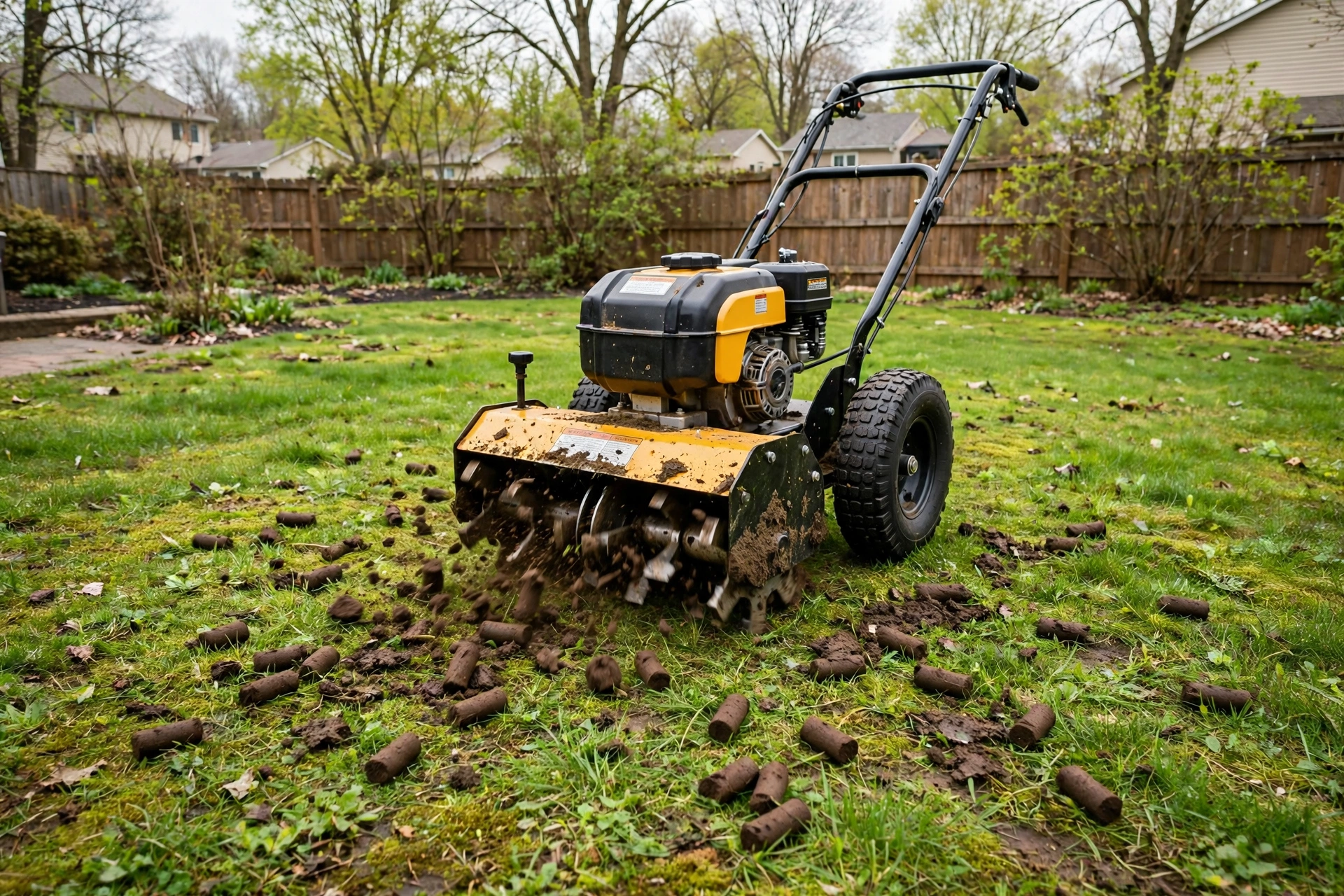 Core aerator pulling soil plugs from a spring lawn
