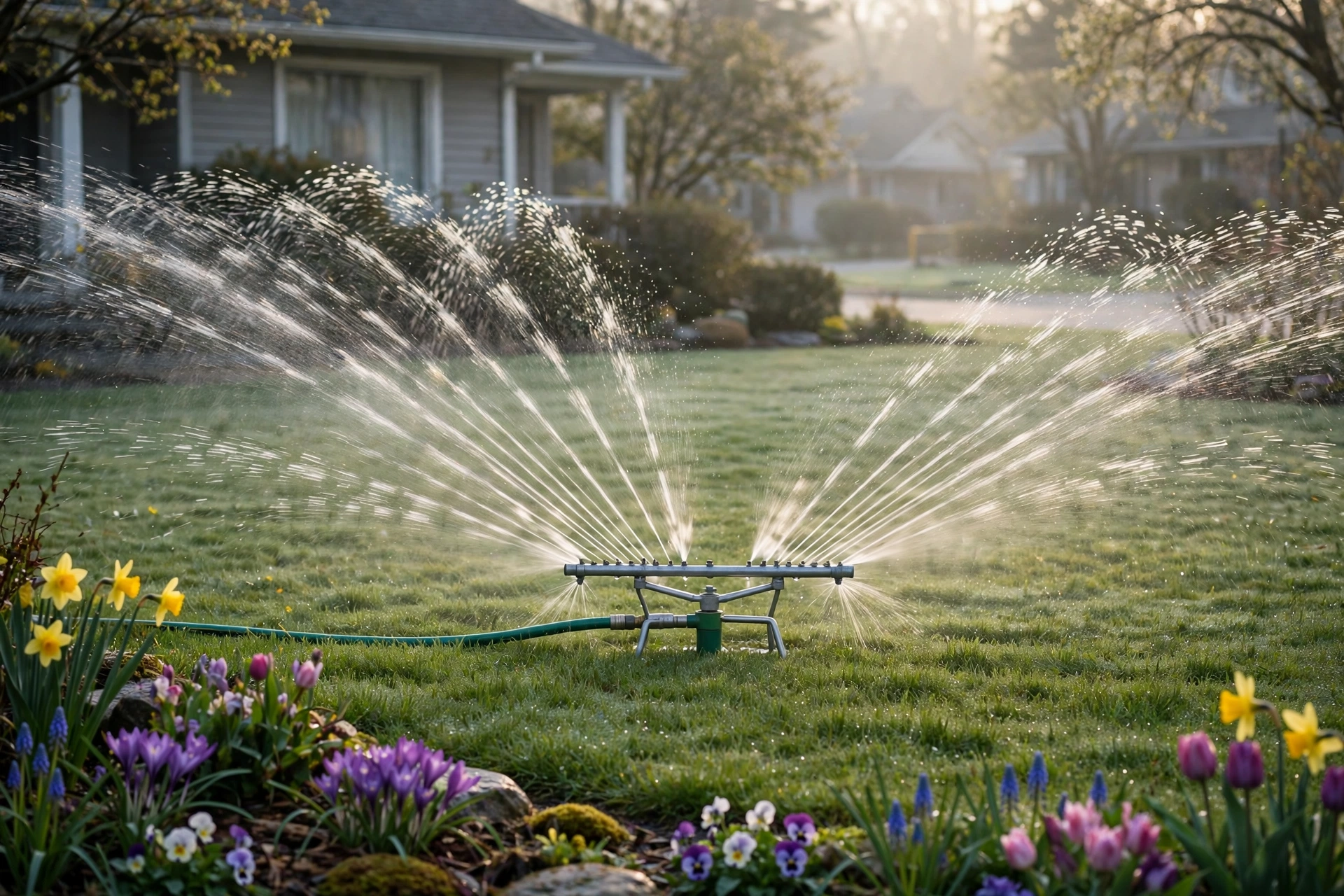 Sprinkler watering a lawn in the early morning during spring