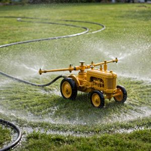 Nelson Rain Train traveling sprinkler watering a large lawn