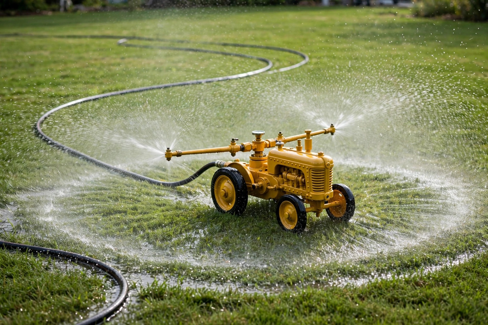 Nelson Rain Train traveling sprinkler watering a large lawn