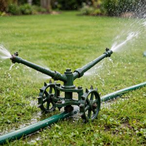 Orbit traveling sprinkler with spiked wheels on a large lawn