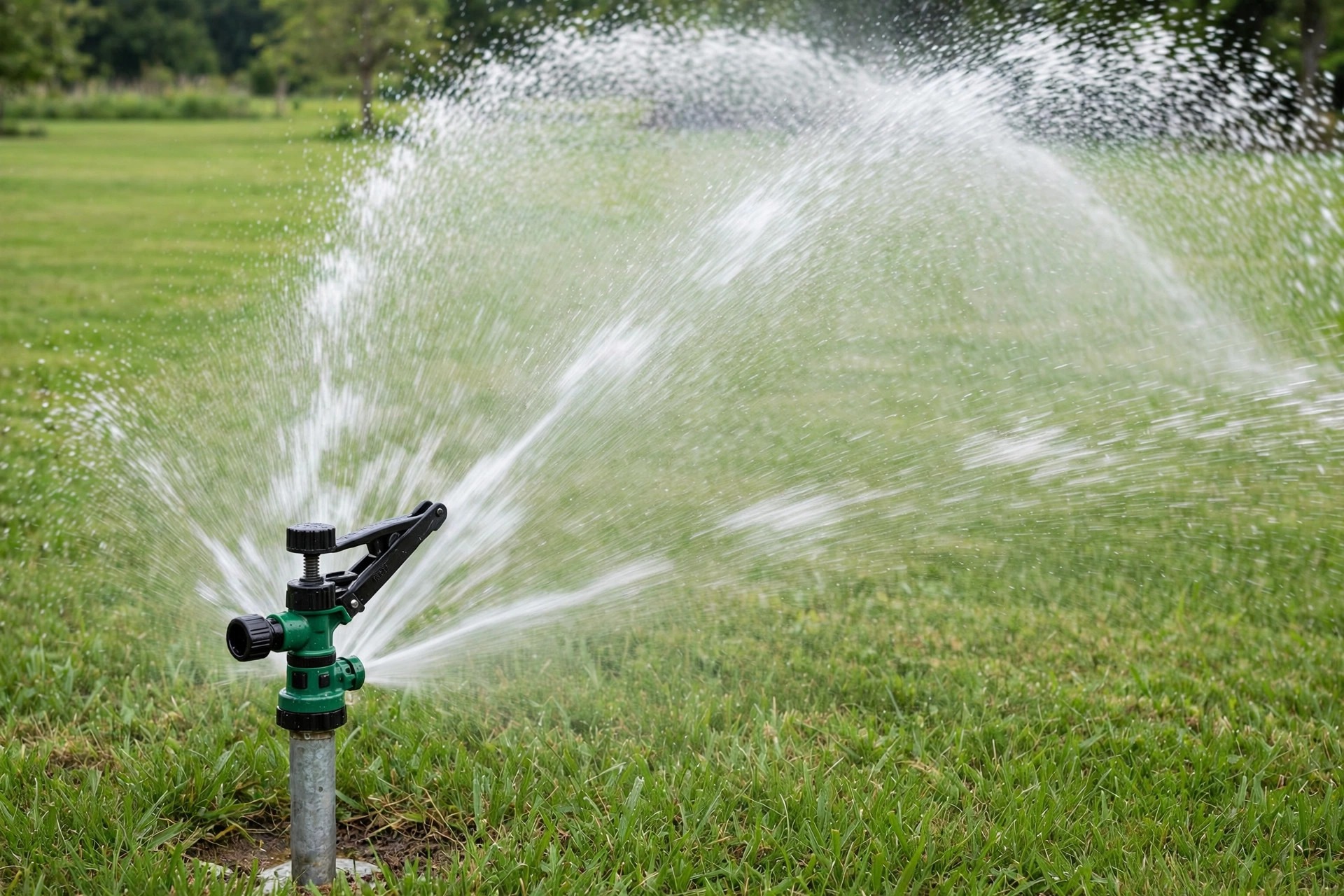 Rain Bird impact sprinkler on a metal spike watering a large lawn