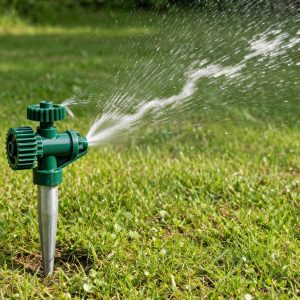 Orbit gear drive sprinkler on a spike spraying quietly over a lawn